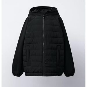 Zara Neoprene Black Hooded Puffer Jacket NWT Size 7-8 years old